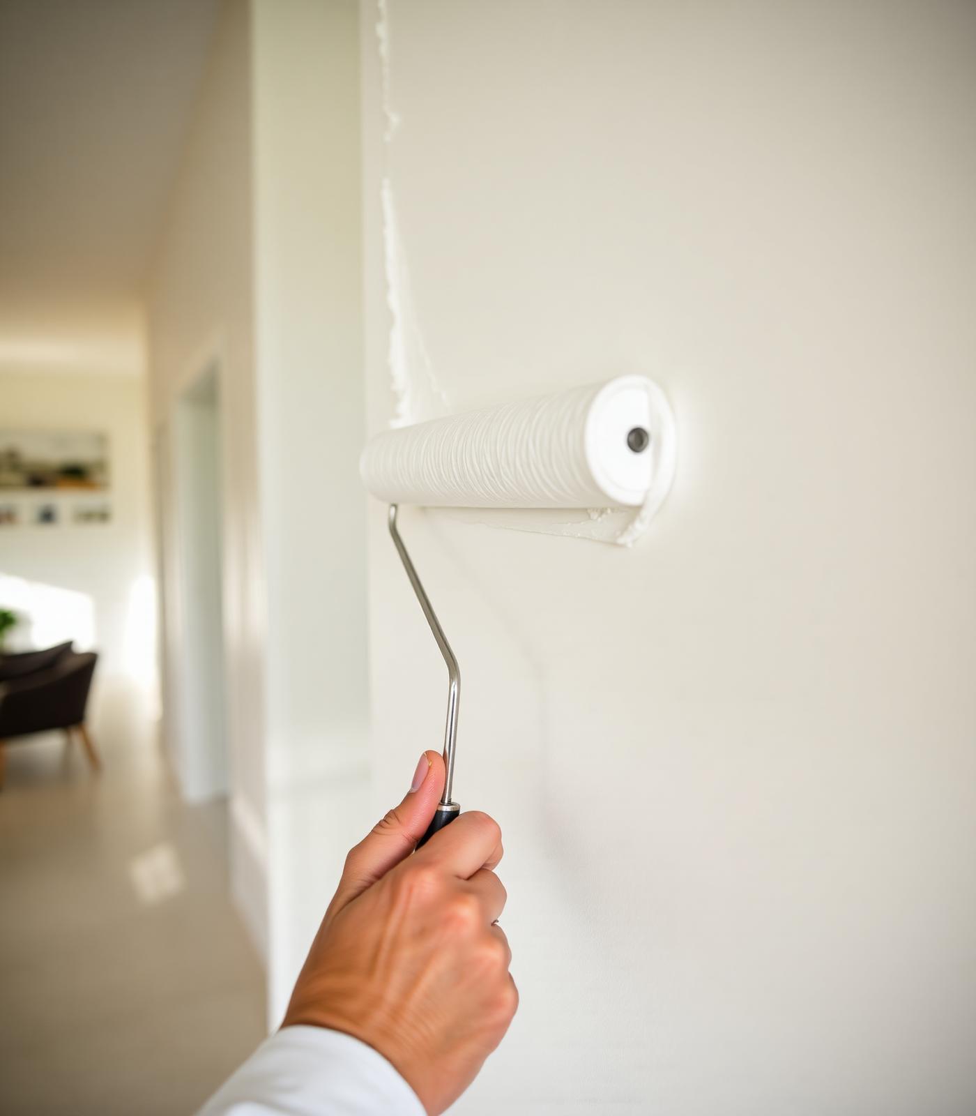 Painter carefully rolling fresh paint in a modern home
