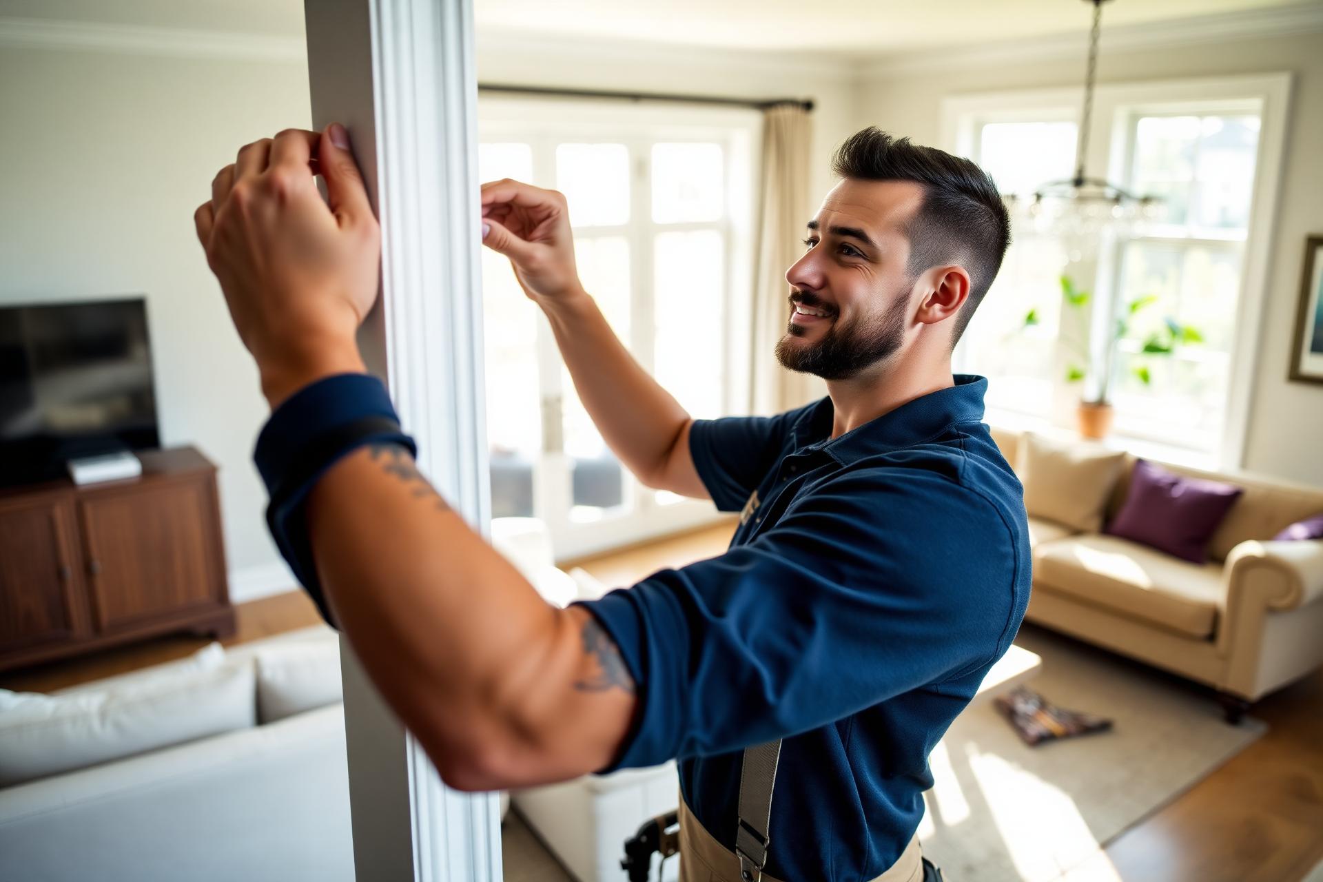 Professional handyman installing trim molding in a modern home